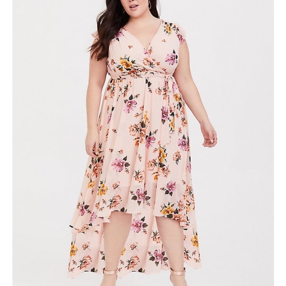 BLUSH PINK FLORAL CHIFFON HI-LO DRESS - Picture 2 of 6